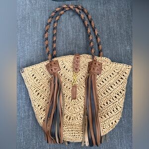 Upcycled YSL raffia tote. Custom Woven Bag with Real Leather Braided details.